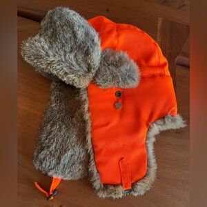 Safety Orange Hunting Strapback OC Sports Trapper Bomber Cap Hat Rabbit fur Sz L